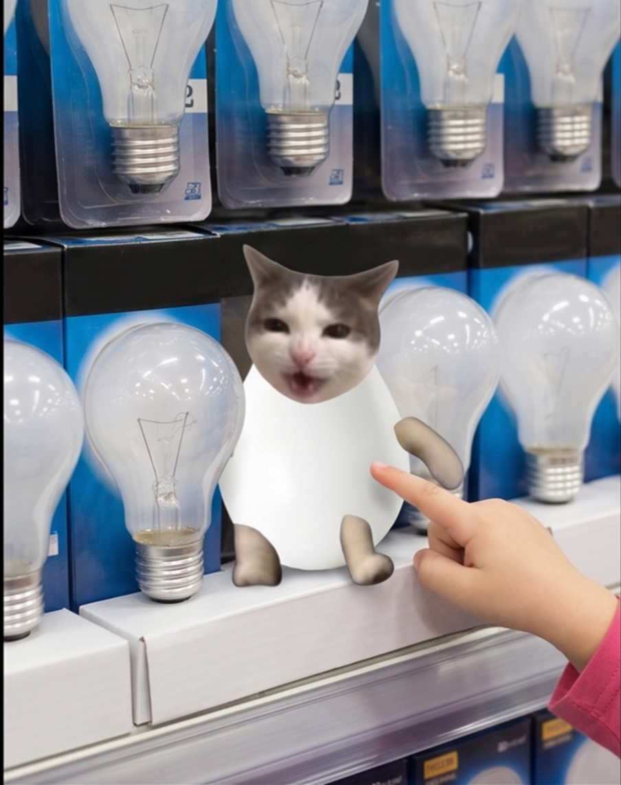 Lamp Cat on a hardware store shelf between regular bulbs